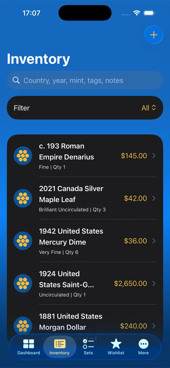 Inventory list with search field, filter and coin rows